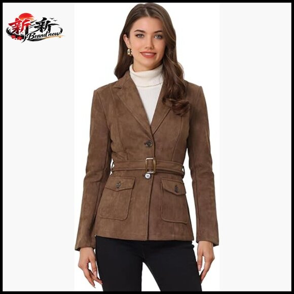 Jackets & Blazers - Faux Suede Blazer Jacket Belted Lapel Single Breasted Work Outwear